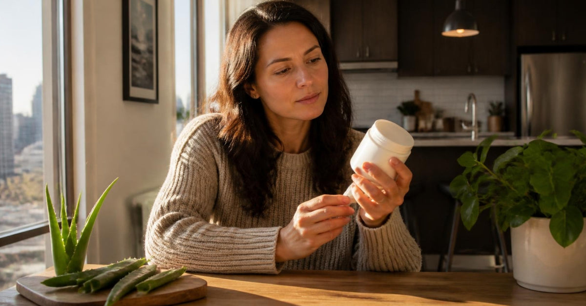 Natural lube guide: a woman reading an ingredient label at a sunny kitchen table with aloe leaves nearby