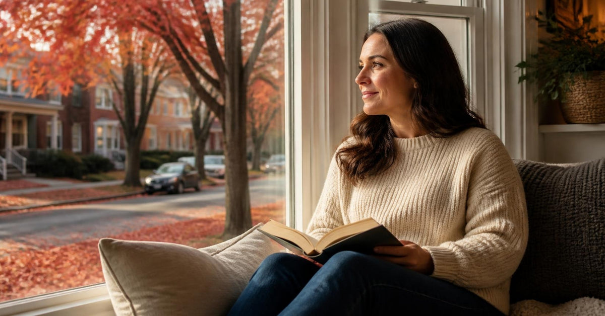 Finger vibrator guide: a relaxed woman reading on a window seat at home on an autumn afternoon