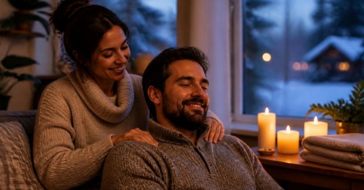 Massage candle guide: a couple sharing a relaxed candlelit shoulder massage at home