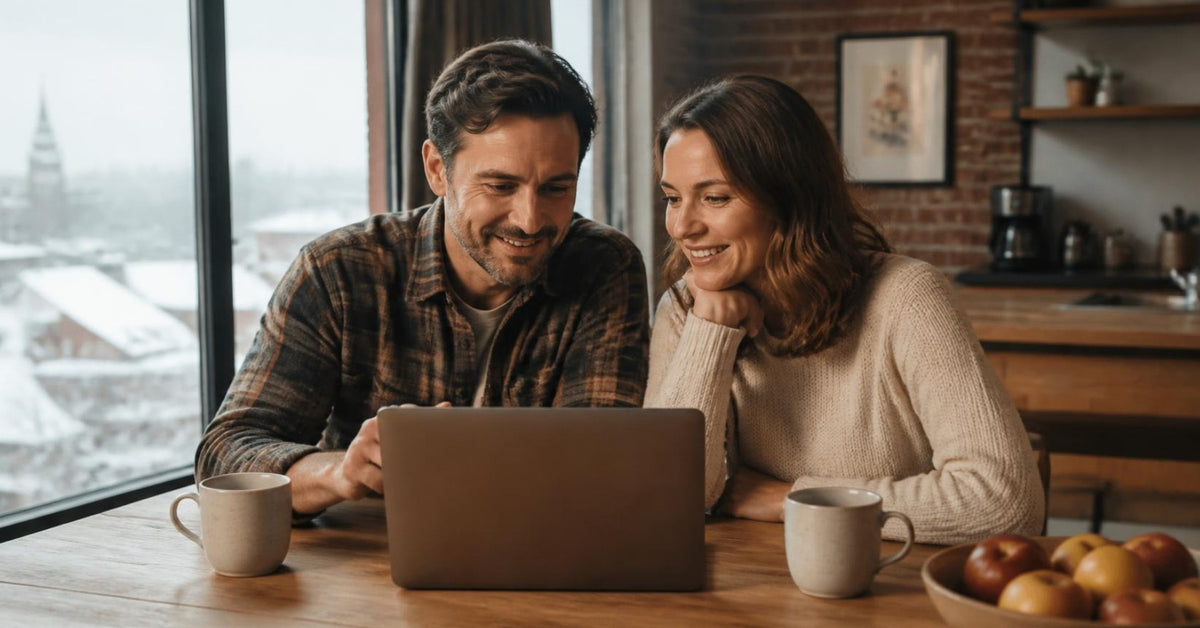 Lovense Sex Machine vs Spinel guide: a couple at a kitchen island choosing together on a laptop on a snowy morning