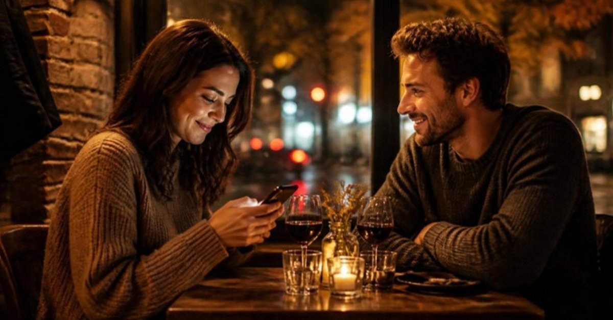 Remote control vibrators guide: a couple sharing a playful private smile over dinner