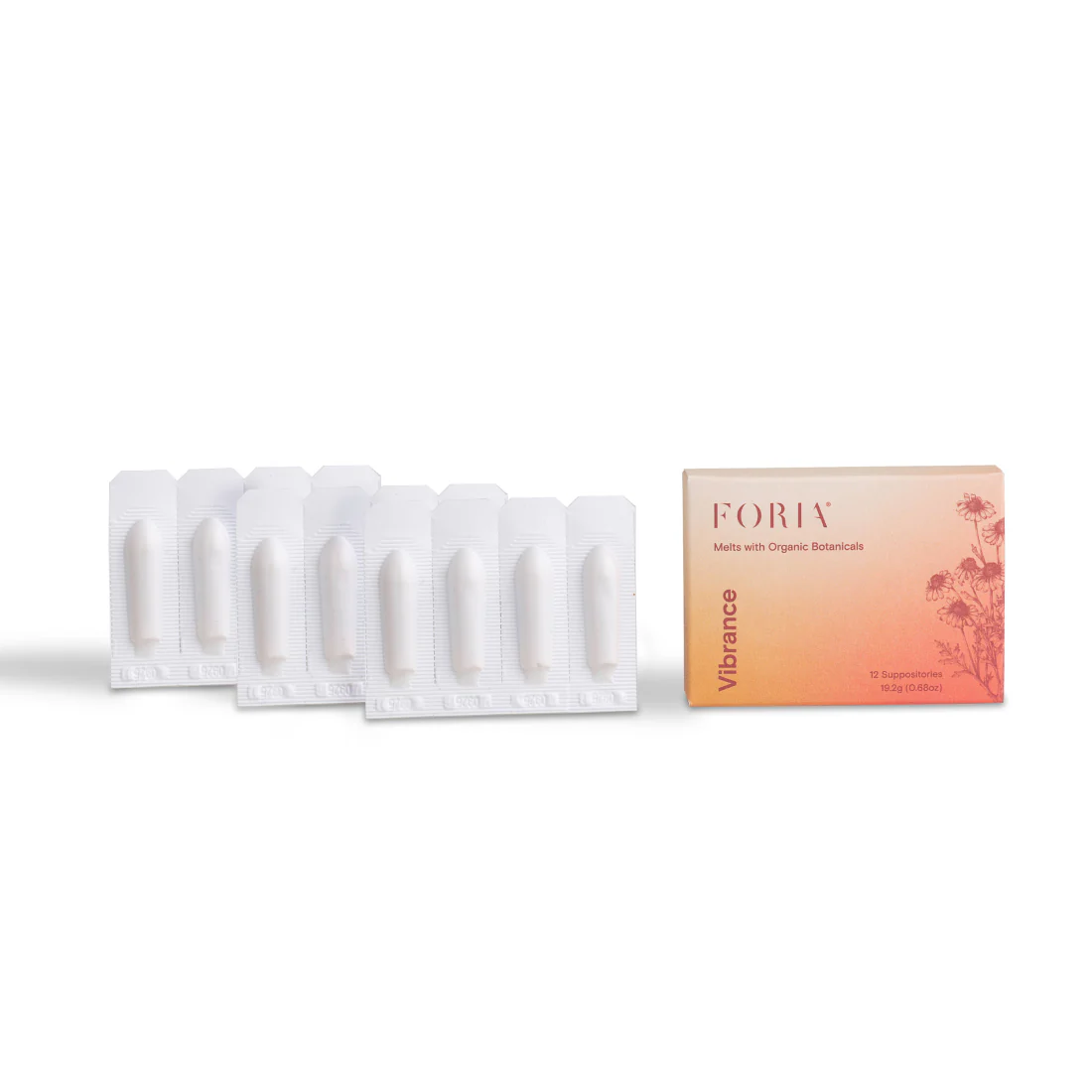 Foria vaginal suppositories in packaging and a box.