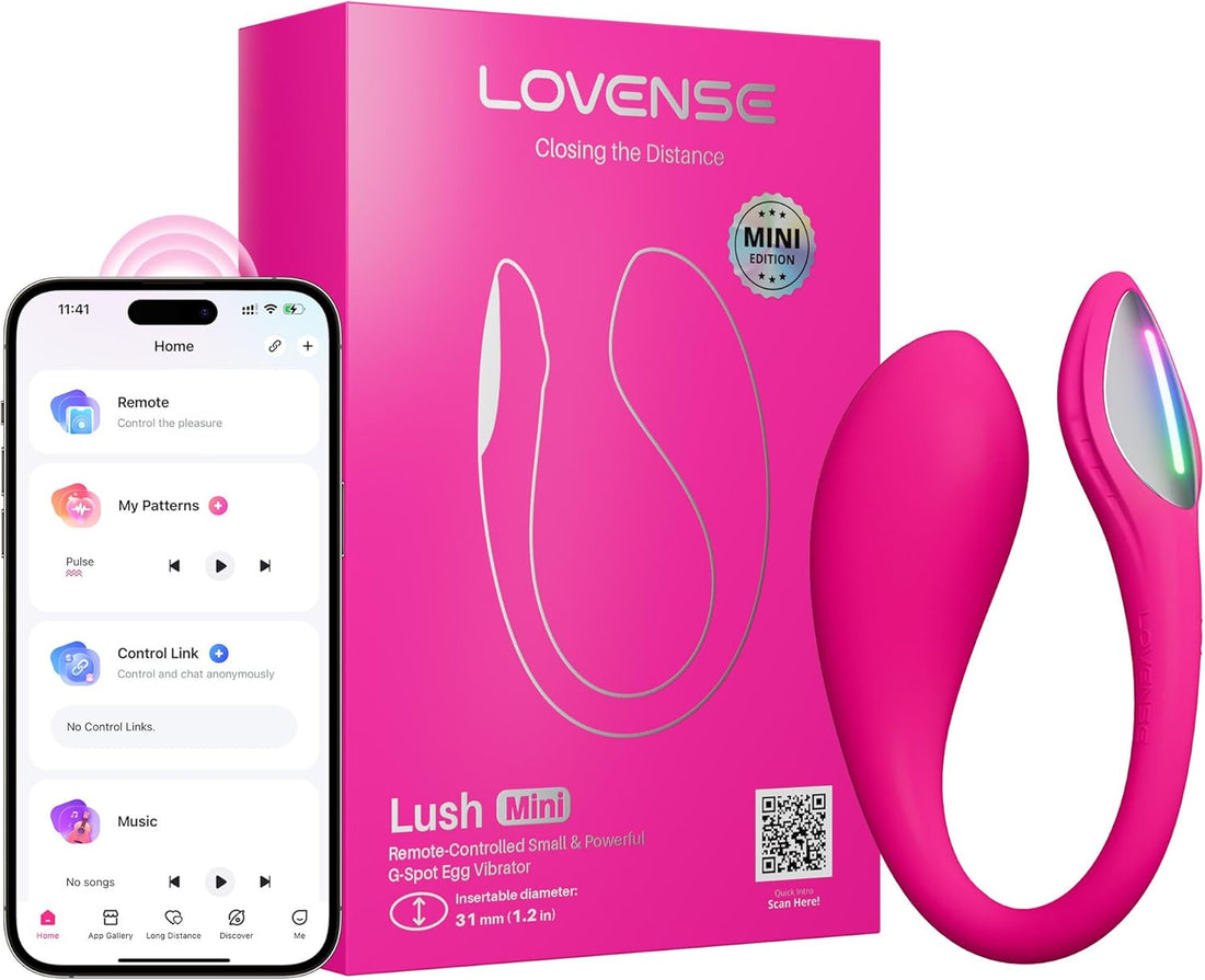 Pink Lovense Lush Mini app-controlled vibrator with box and phone.