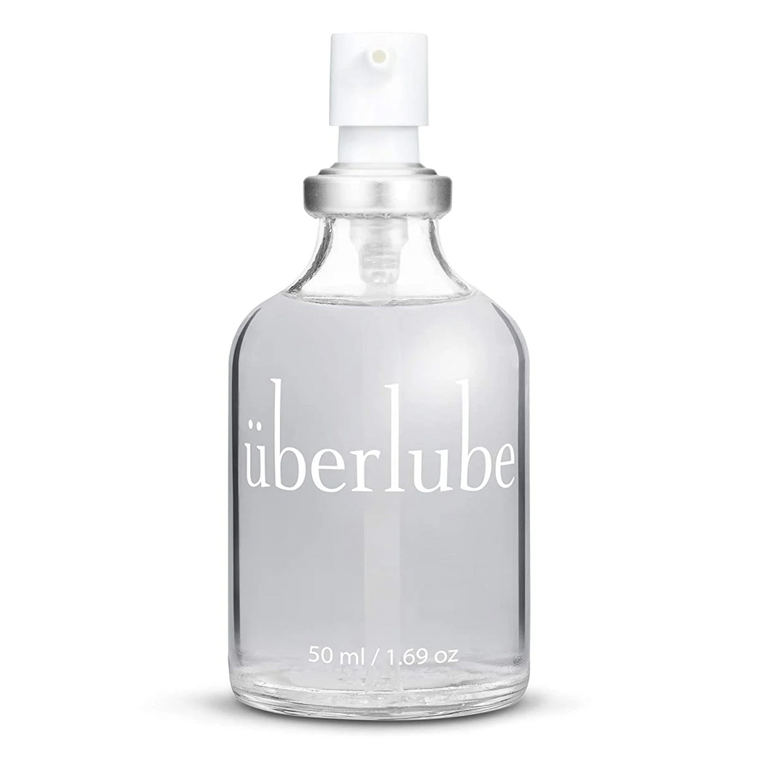 Überlube silicone personal lubricant in a 50ml clear glass bottle.