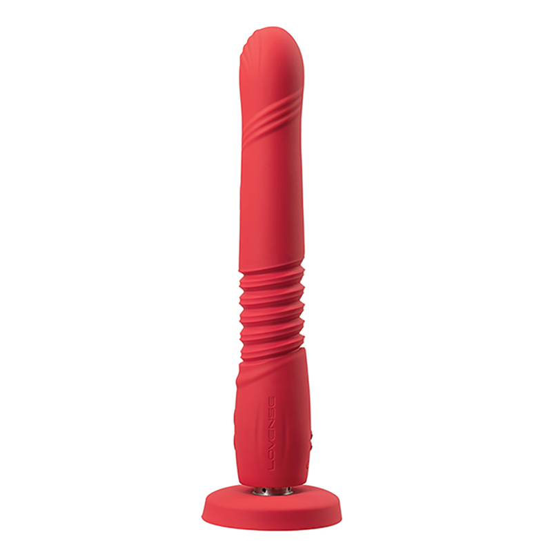 Red silicone dildo with textured shaft and suction base.