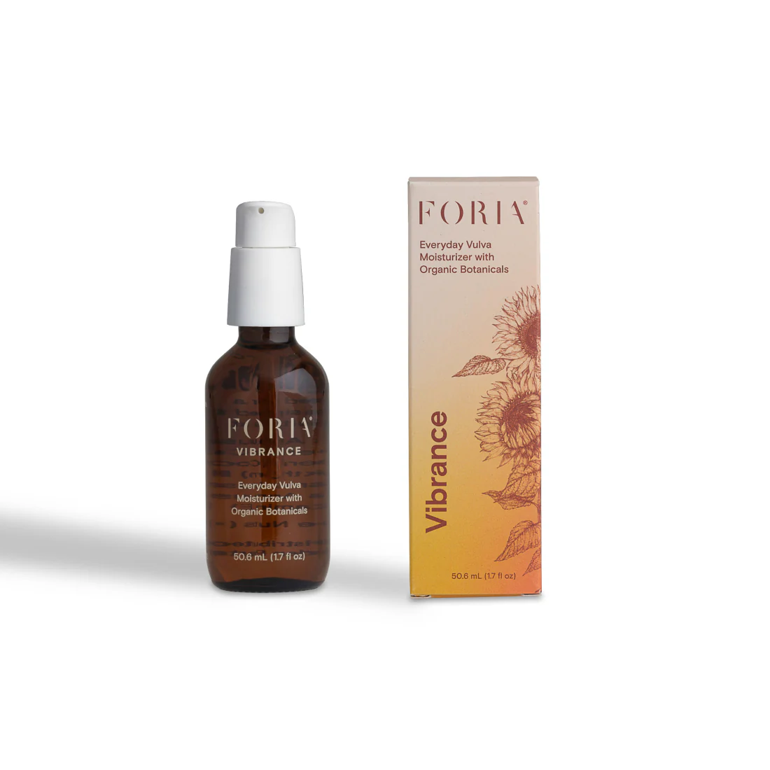 Foria Everyday Vulva Moisturizer with Organic Botanicals in a brown bottle next to its box.