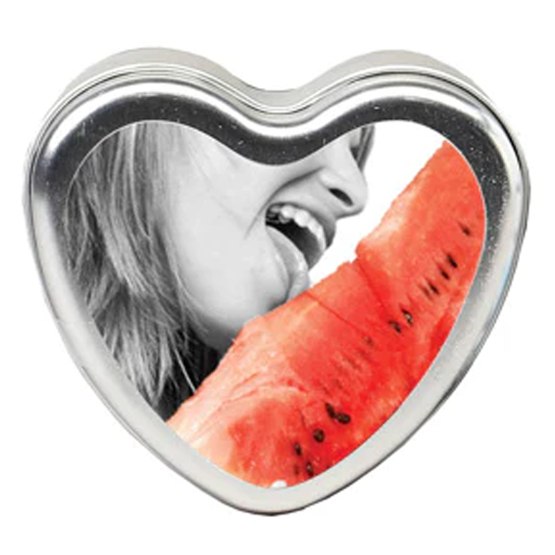 Heart-shaped tin with a black and white image of a person eating watermelon.
