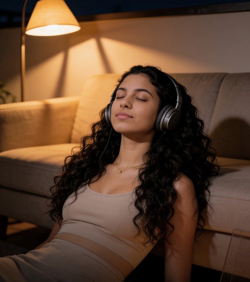 Woman relaxing with headphones on a sofa in warm evening light