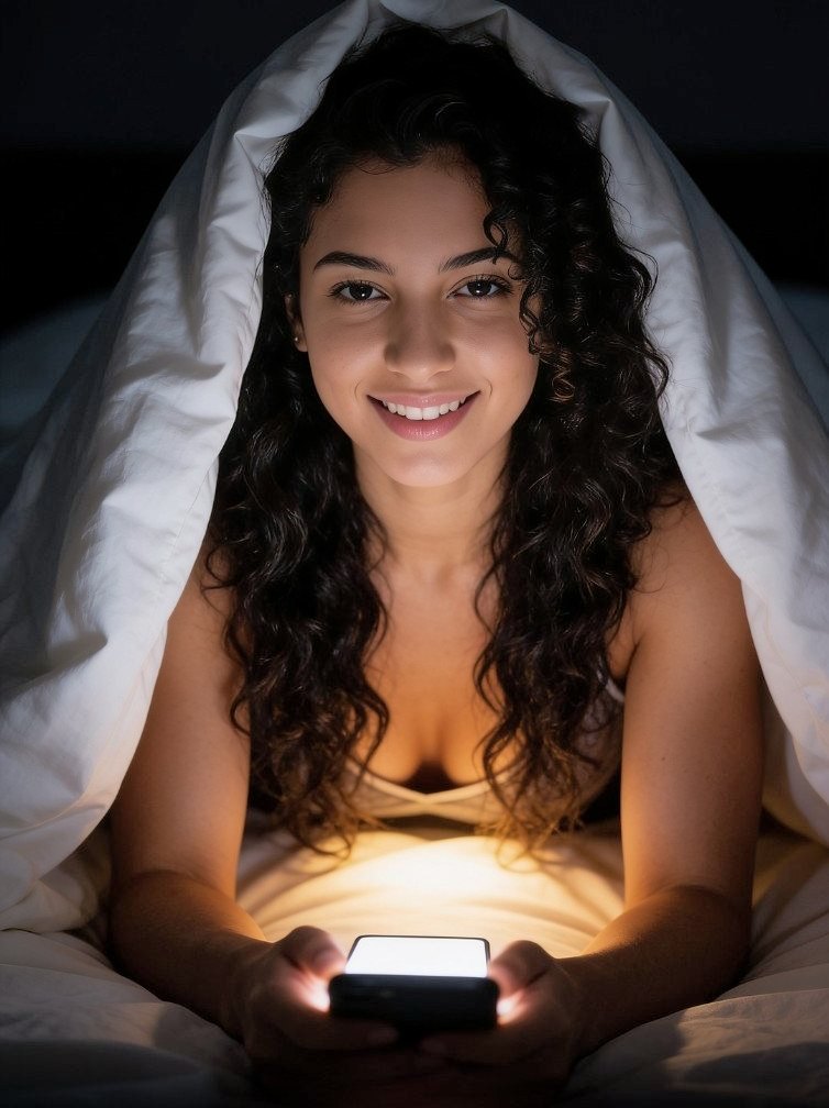 Smiling woman under a duvet looking at her phone