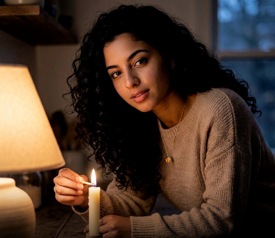 Woman lighting a candle at home in the evening