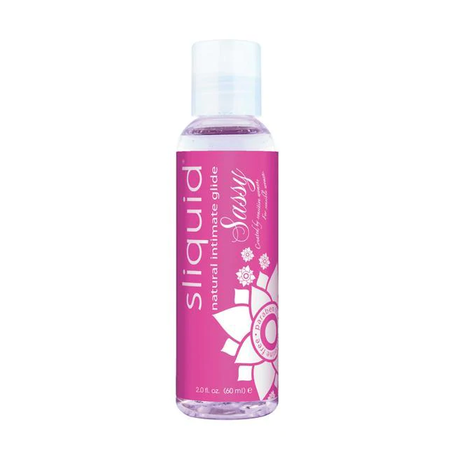 Sliquid Sassy natural intimate glide lubricant in a pink bottle.