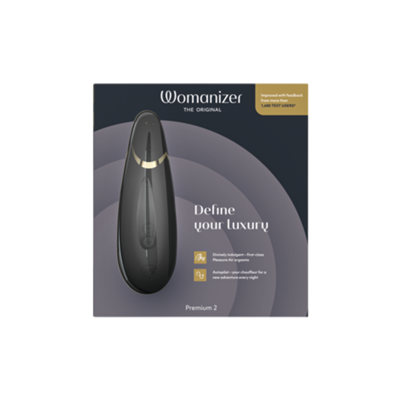 Womanizer Premium 2 clitoral vibrator in black with gold accents.