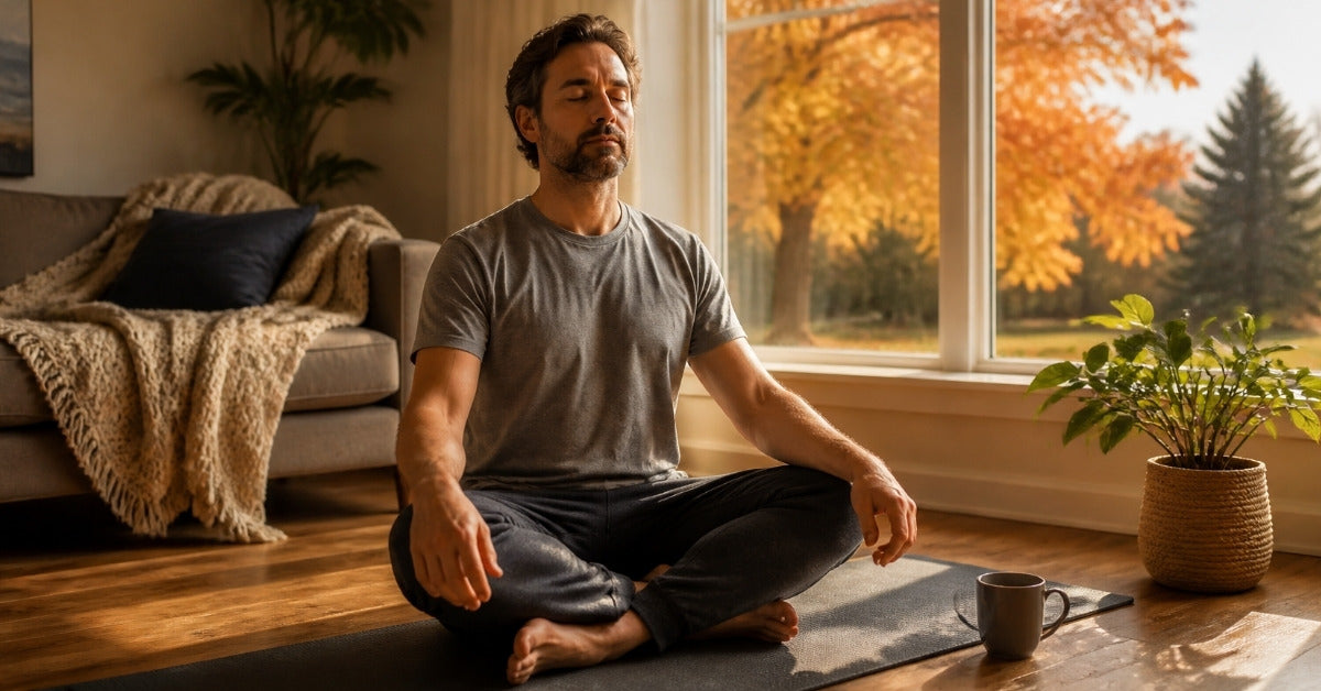 Kegel exercises for men: a man sitting calmly on a yoga mat at home in morning light, breathing slowly