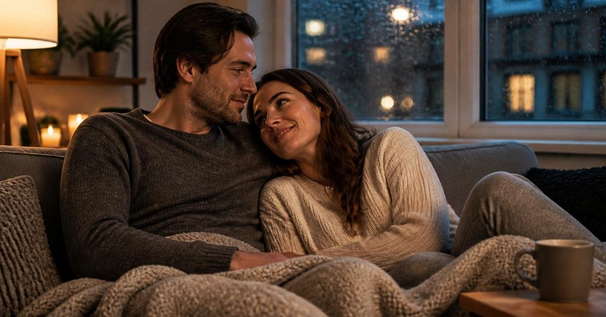 Clitoral clamp beginner guide: a couple in sweaters cuddled under a blanket on a sofa, talking on a rainy autumn evening