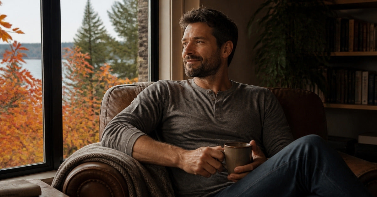 Cock sleeve guide: a relaxed man in a grey henley holding coffee in an armchair by a window on an autumn morning