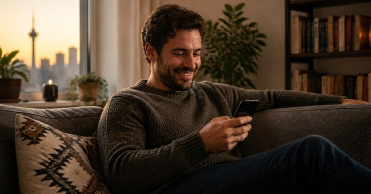 Lovense toys for men guide: a man relaxing at home with his phone