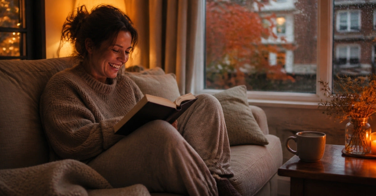 Vibrator dildo guide: a woman in a cozy sweater laughing over a book on her sofa on an autumn evening
