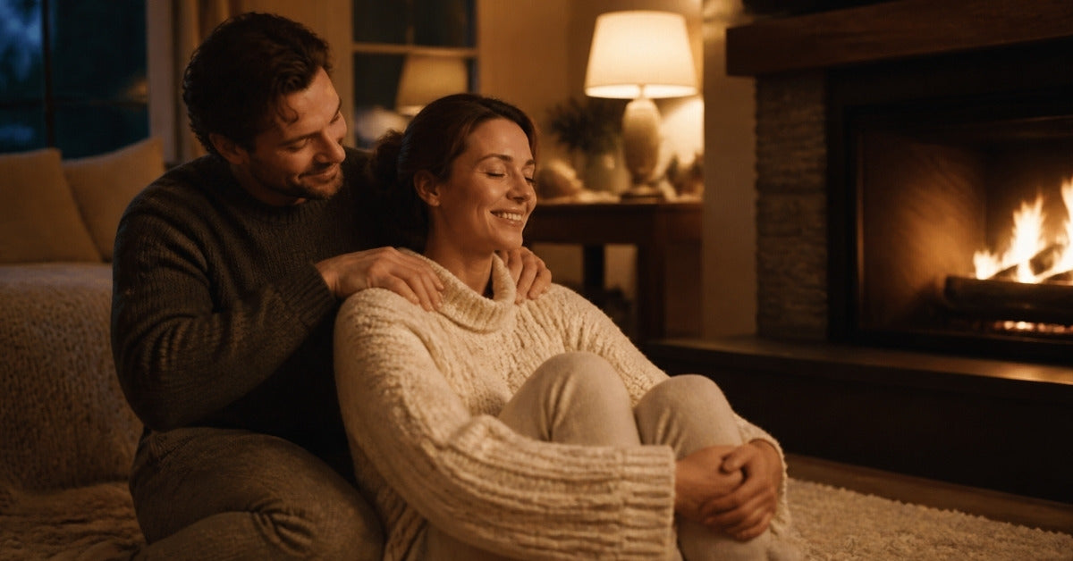 Body massage oil guide: a couple relaxing by the fireplace at home, one gently rubbing the other's shoulders over a knit sweater