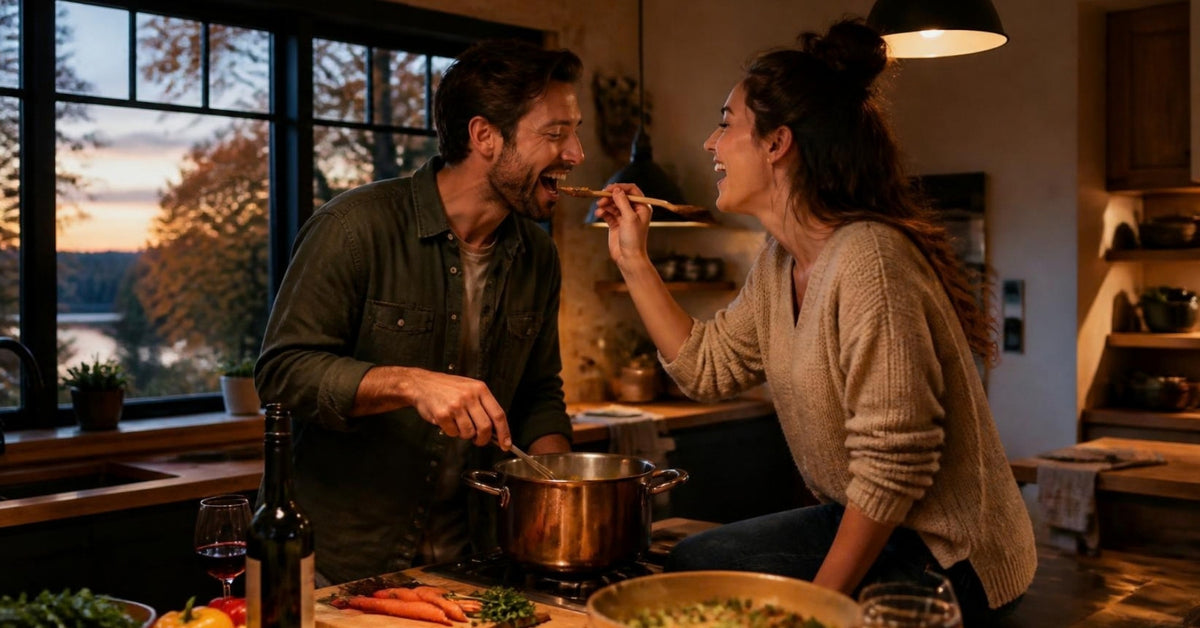 Vibrating cock ring guide for couples: a couple laughing while cooking dinner together at home