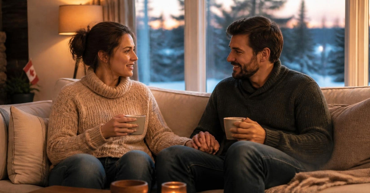 Pegging for beginners guide: a couple talking openly over tea on a cozy sofa in the evening