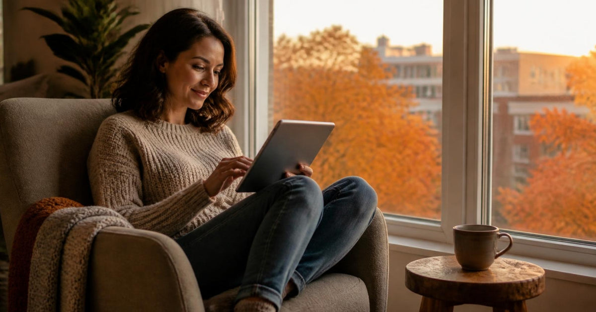 Lovense Nora vs Velvo vs Osci 3 guide: a woman curled up in an armchair by an autumn window, choosing on a tablet