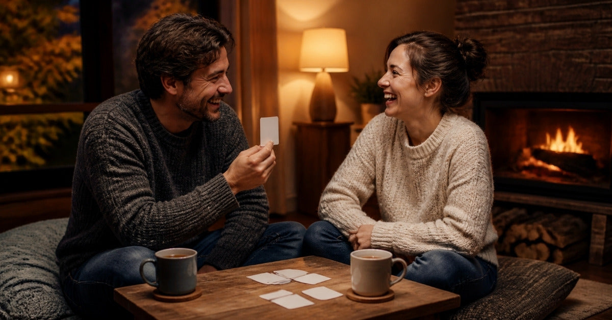 Sex card games for couples: a couple in knit sweaters laughing over a deck of cards by the fireplace on an autumn evening