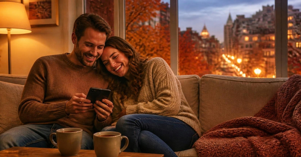 Lovense Dolce and Lovense toys for couples guide: a couple laughing at a phone together on their sofa at home