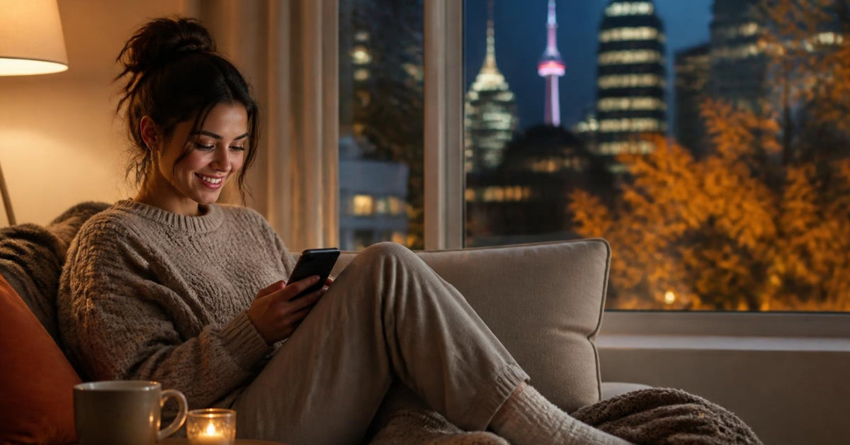 Lovense Domi 2 and Lovense toys for solo play guide: a woman relaxing on her sofa at home in the evening