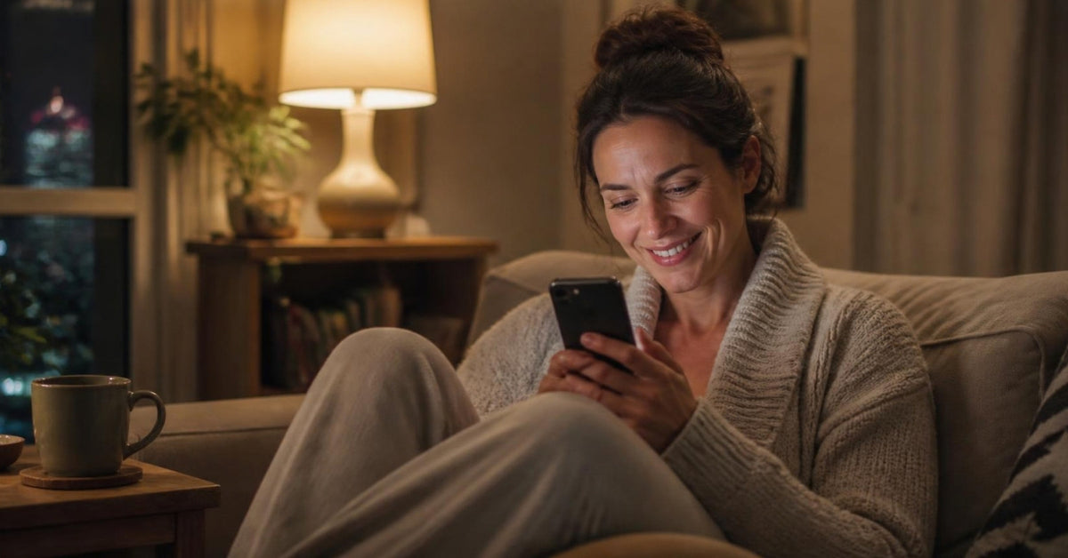 Bluetooth vibrator guide: a woman smiling at her phone on a cozy couch in the evening