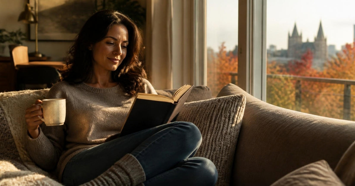 Thrusting dildo guide: a woman relaxed on her sofa at home reading a book with a mug of tea