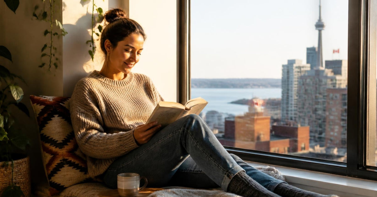 G-spot vibrator beginner guide: a woman relaxed on a sunlit window seat reading a book at home