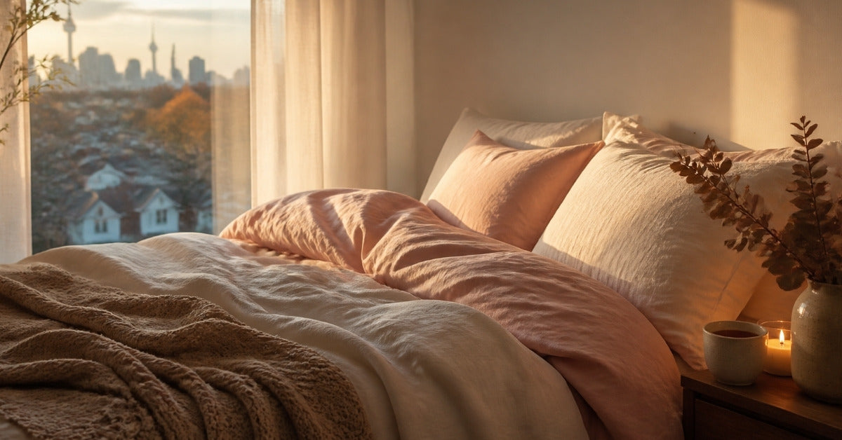 Best clit vibrator guide: a cosy bedroom at golden hour with blush-pink linen bedding, a candle and dried eucalyptus on the nightstand