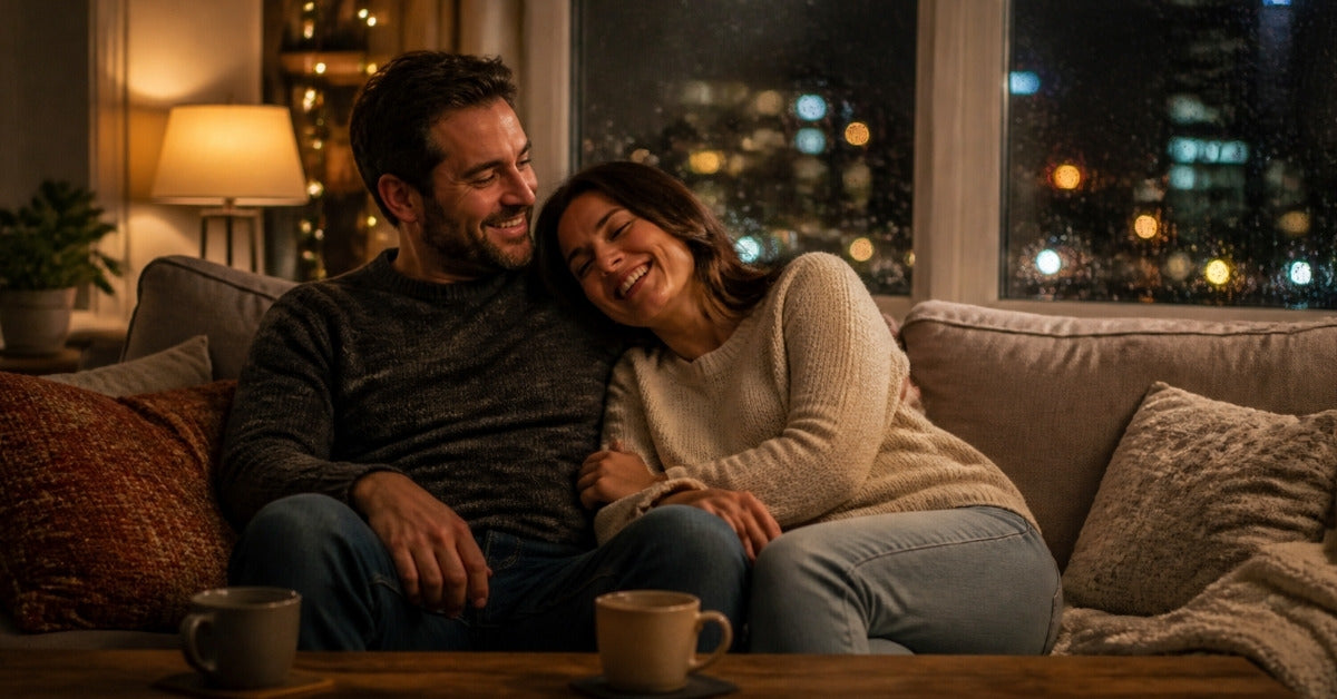 Inflatable butt plug guide: a relaxed couple in sweaters laughing together on a sofa on a rainy evening at home