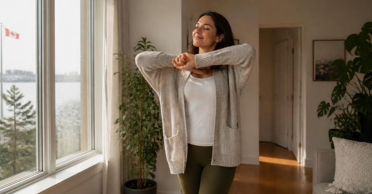 Suction cup dildo beginner guide: a woman stretching by a bright window in her apartment on a relaxed morning