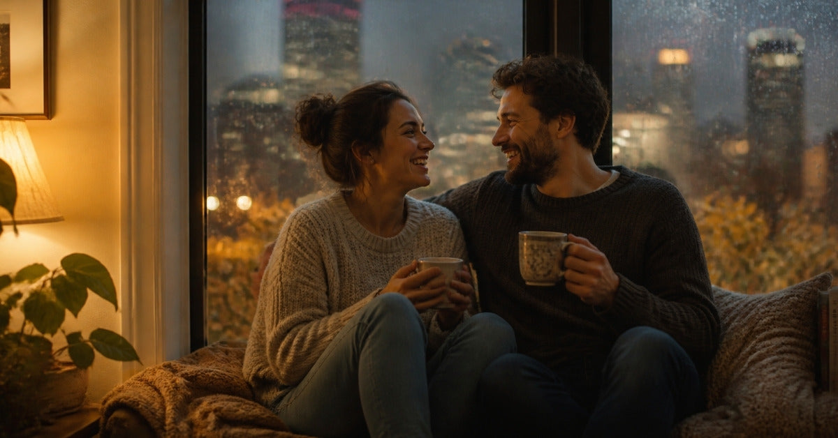 Large butt plug guide: a smiling couple in knit sweaters sharing tea on a window seat on a rainy autumn evening