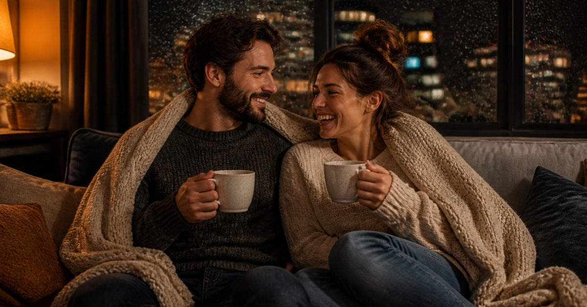 Water-based lube and condoms guide: a couple sharing a blanket and tea on a sofa on an autumn evening