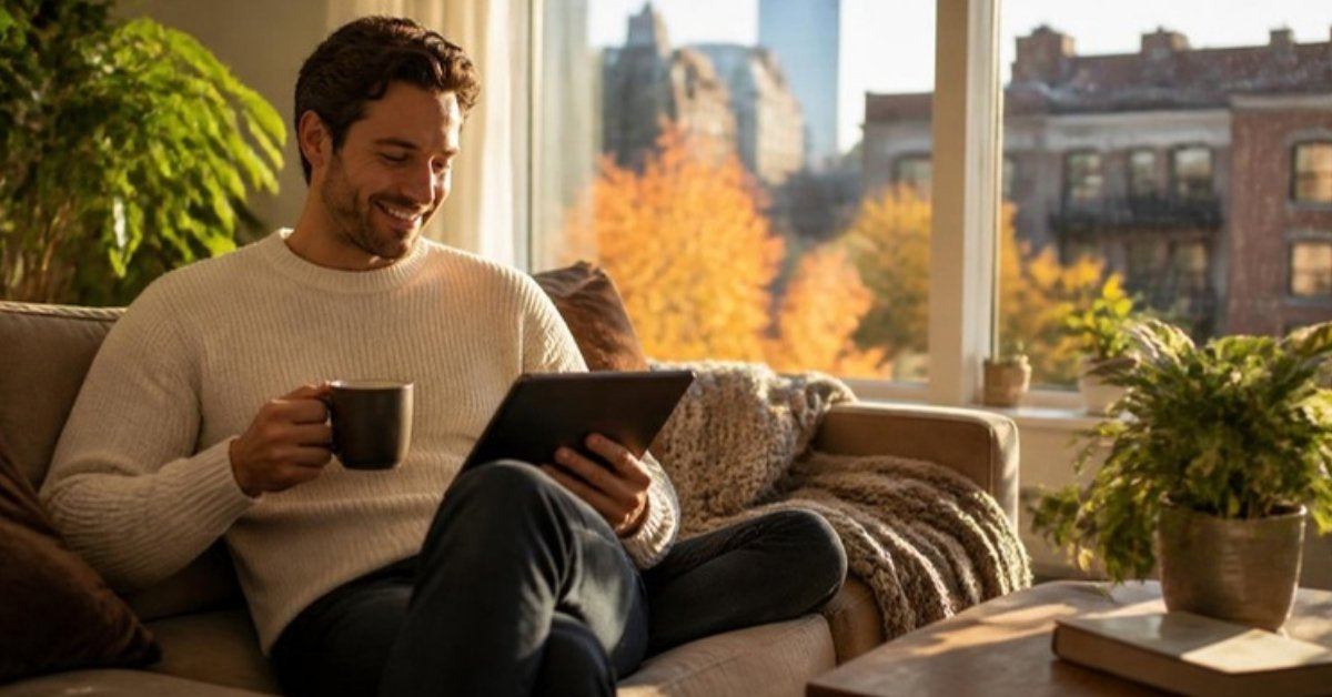 Best automatic male masturbators in Canada guide: a man relaxing at home with a tablet at golden hour