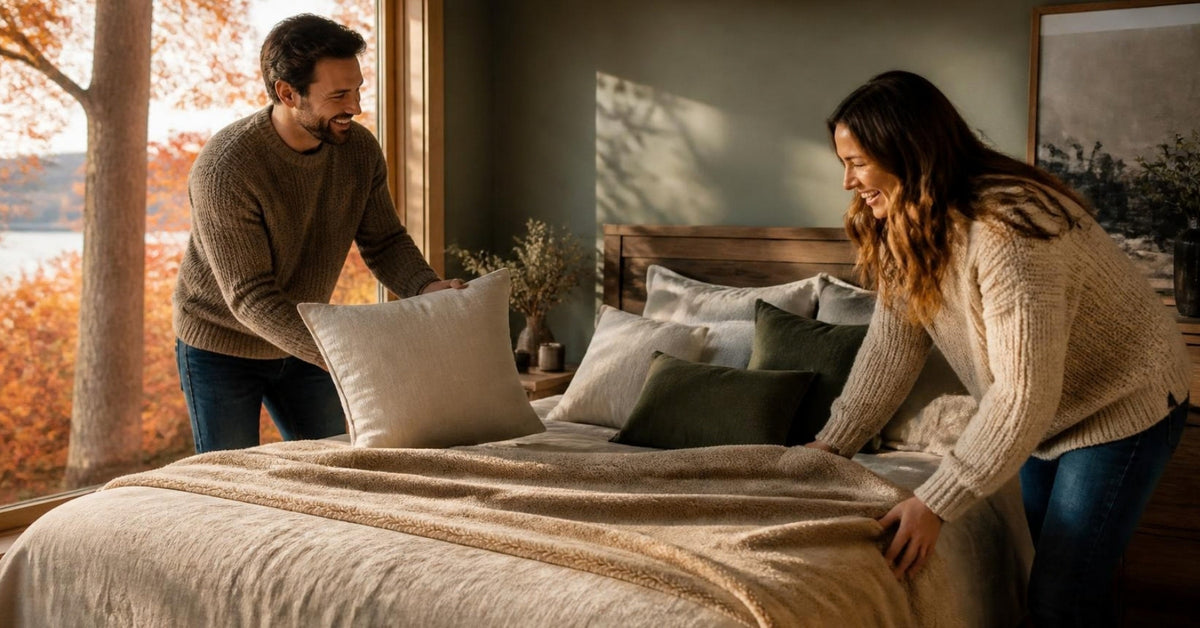 Sex wedge guide: a couple making up their bed with soft cushions in a sunny Canadian bedroom in autumn