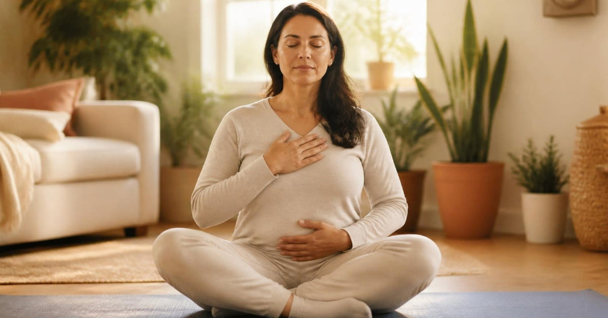 Pelvic wand guide: a woman sitting cross-legged on a yoga mat in a bright living room, breathing slowly