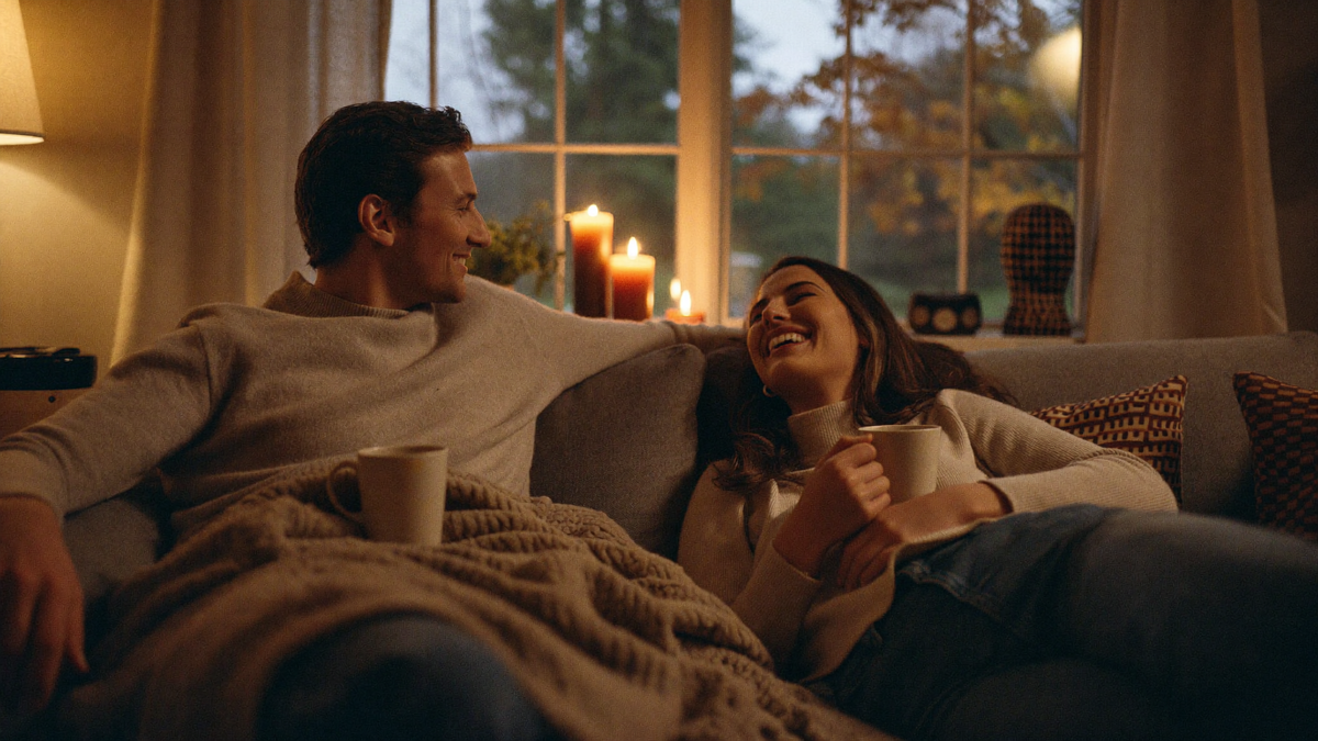 Coconut oil as lube guide: a relaxed couple sharing tea on a sofa at home on an autumn evening