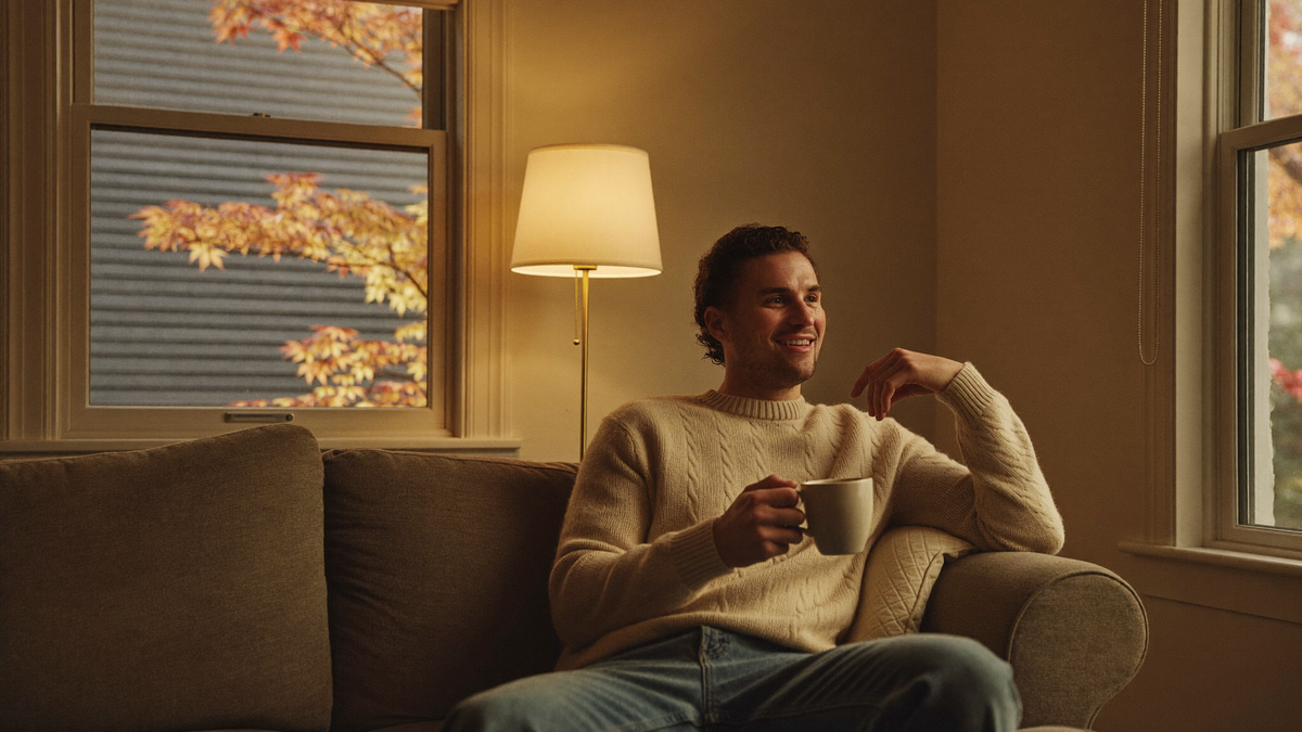 Male masturbation toys guide: a relaxed man at home on a sofa in soft evening light, Red Pleasures Canada
