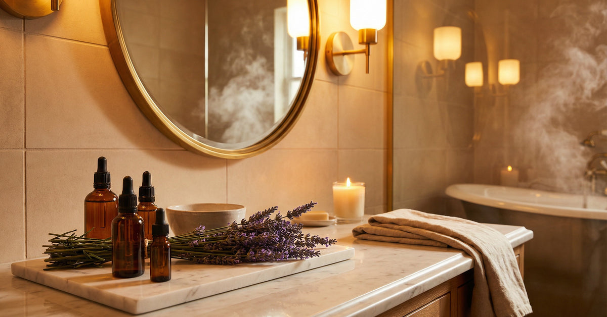 Uberlube Canada guide 2026 - amber glass bottles and towels on a candlelit vanity, silicone lubricant guide from Red Pleasures