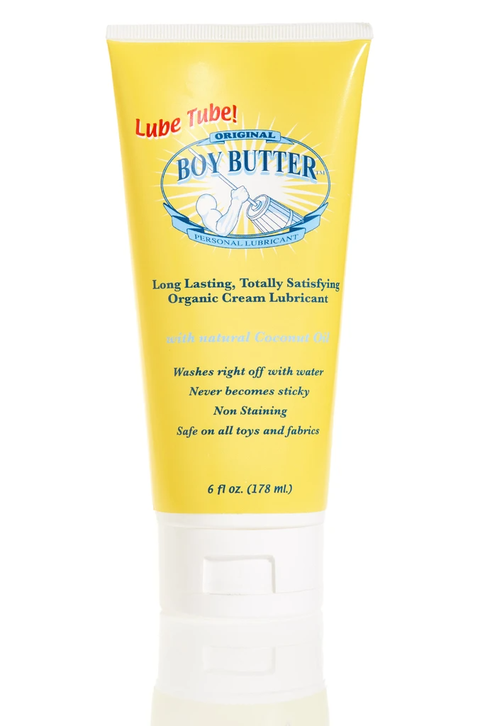 Yellow tube of Boy Butter Original personal lubricant with coconut oil.