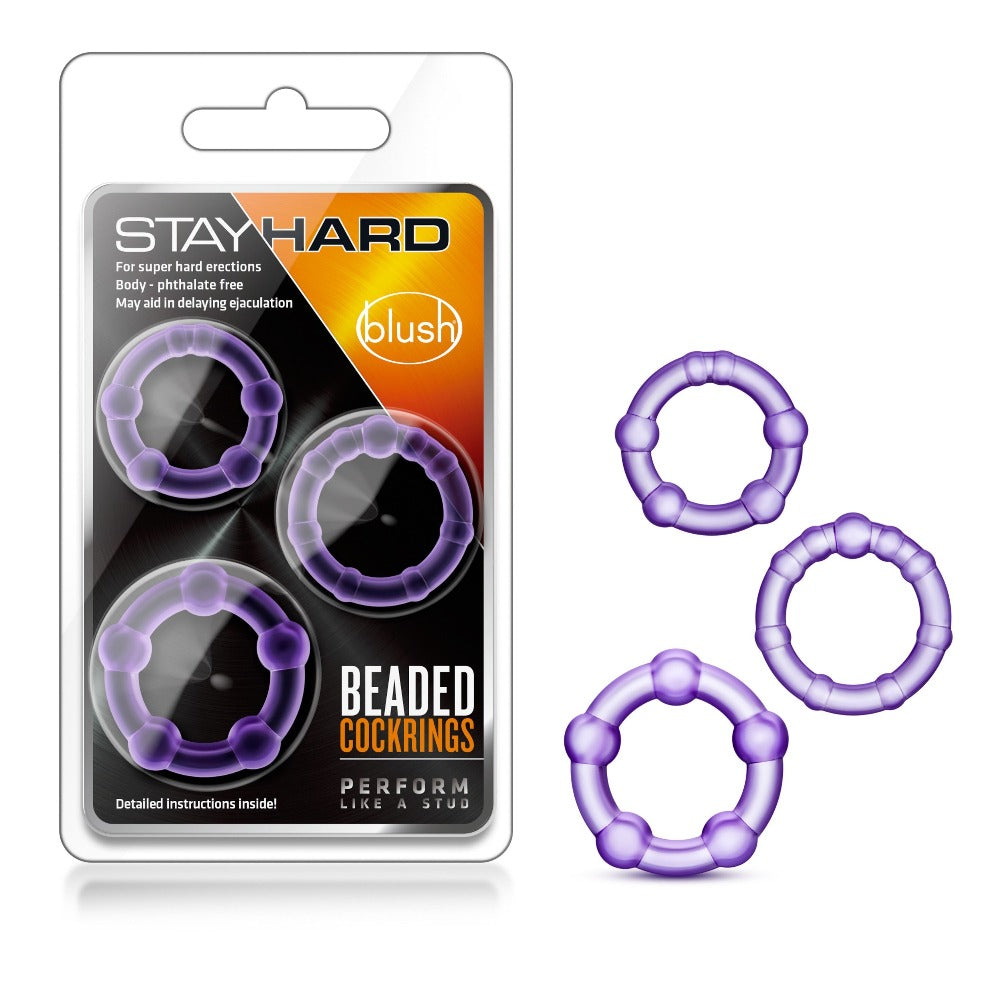 Purple beaded cock rings in packaging and loose.