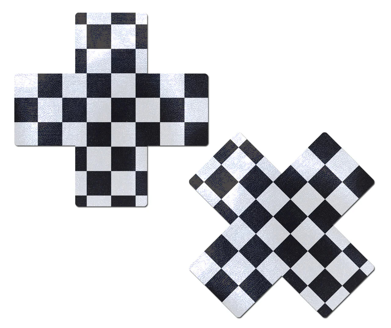 Black and white checkerboard cross nipple pasties.