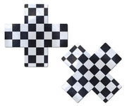 Black and white checkerboard cross nipple pasties.