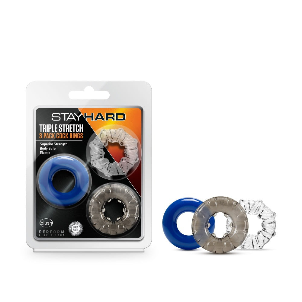 Three elastic cock rings in blue, gray, and clear.
