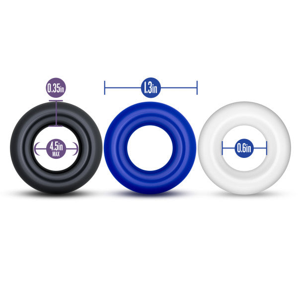 Three elastomer rings in black, blue, and white with size indicators.