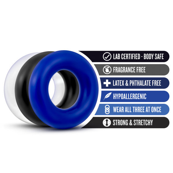 Three stretchy elastomer rings in white, black, and blue with product features listed.