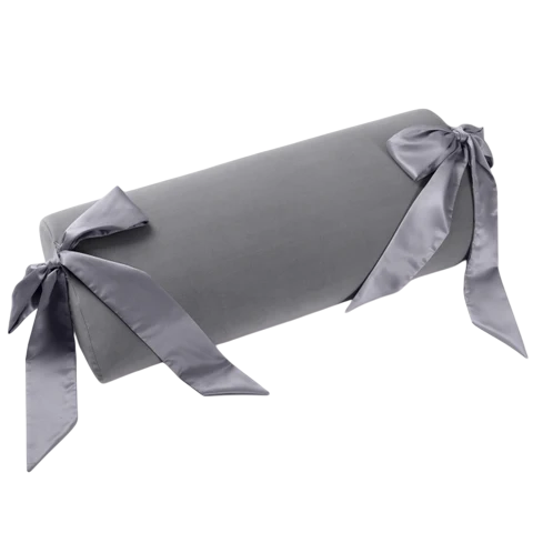 Grey microvelvet half-moon bolster pillow with silk sashes.